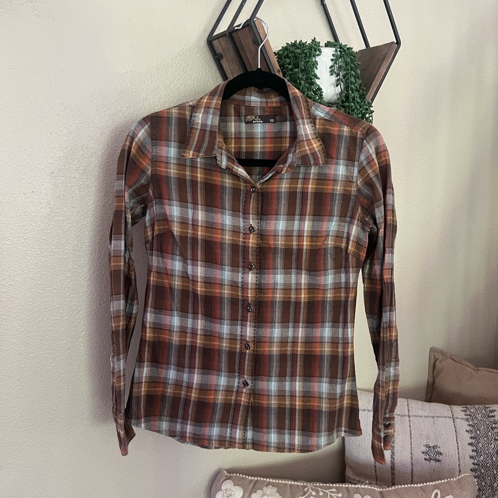 Prana Plaid Button-Up Shirt in Brown & White